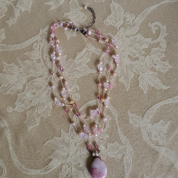 Handmade Jewelry - Handmade Rose-quartz Tri-tier Necklace 925